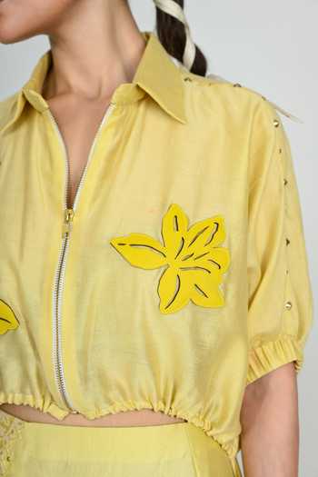 Shop The Dramebaaz CO Yellow Silk Collared Neck Summer Lime Cropped Jacket Online at Aza Fashions Shop_The Dramebaaz CO_Yellow Silk Collared Neck Summer Lime Cropped Jacket _Online_at_Aza_Fashions