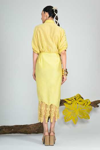 The Dramebaaz CO Yellow Silk Collared Neck Summer Lime Cropped Jacket at Aza Fashions The Dramebaaz CO_Yellow Silk Collared Neck Summer Lime Cropped Jacket _at_Aza_Fashions