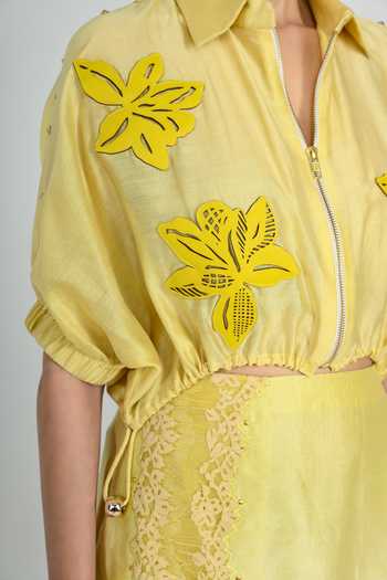 Shop The Dramebaaz CO Yellow Silk Collared Neck Summer Lime Cropped Jacket Shop_The Dramebaaz CO_Yellow Silk Collared Neck Summer Lime Cropped Jacket