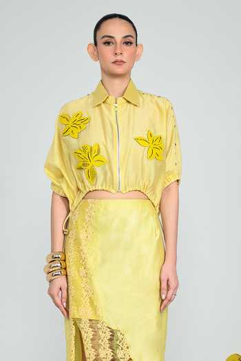 The Dramebaaz CO Yellow Silk Collared Neck Summer Lime Skirt Set Online at Aza Fashions The Dramebaaz CO_Yellow Silk Collared Neck Summer Lime Skirt Set _Online_at_Aza_Fashions
