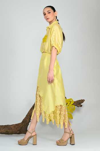 Buy The Dramebaaz CO Yellow Silk Collared Neck Summer Lime Skirt Set Buy_The Dramebaaz CO_Yellow Silk Collared Neck Summer Lime Skirt Set