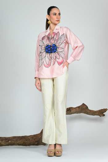 Shop The Dramebaaz CO Pink Silk Collared Neck Blush Muse Shirt Online at Aza Fashions Shop_The Dramebaaz CO_Pink Silk Collared Neck Blush Muse Shirt _Online_at_Aza_Fashions