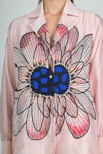 Shop The Dramebaaz CO Pink Silk Collared Neck Blush Muse Shirt Shop_The Dramebaaz CO_Pink Silk Collared Neck Blush Muse Shirt