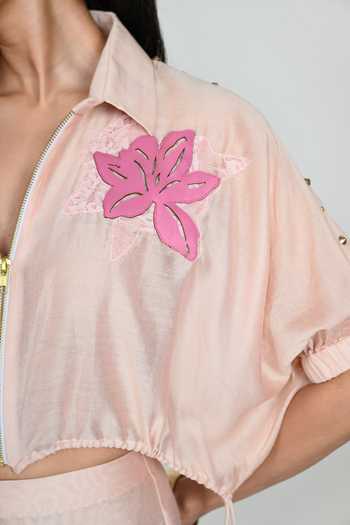 Shop The Dramebaaz CO Pink Silk Collared Neck Squash Cropped Jacket Online at Aza Fashions Shop_The Dramebaaz CO_Pink Silk Collared Neck Squash Cropped Jacket _Online_at_Aza_Fashions