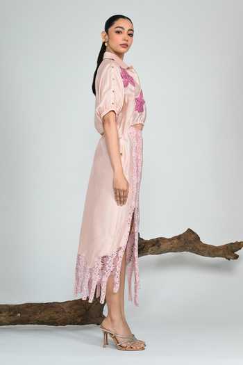 Buy The Dramebaaz CO Pink Silk Collared Neck Squash Cropped Jacket Set Online at Aza Fashions Buy_The Dramebaaz CO_Pink Silk Collared Neck Squash Cropped Jacket Set _Online_at_Aza_Fashions