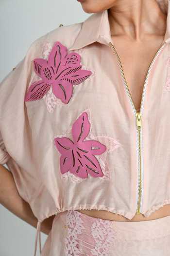 Shop The Dramebaaz CO Pink Silk Collared Neck Squash Cropped Jacket Set Online at Aza Fashions Shop_The Dramebaaz CO_Pink Silk Collared Neck Squash Cropped Jacket Set _Online_at_Aza_Fashions