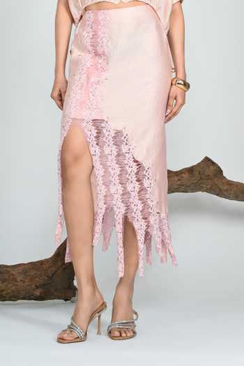 Buy The Dramebaaz CO Pink Silk Collared Neck Squash Cropped Jacket Set Buy_The Dramebaaz CO_Pink Silk Collared Neck Squash Cropped Jacket Set