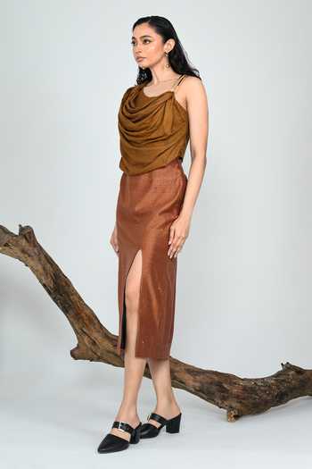 The Dramebaaz CO Brown Silk Cowl Neck Burnt Gold Draped Top Online at Aza Fashions The Dramebaaz CO_Brown Silk Cowl Neck Burnt Gold Draped Top _Online_at_Aza_Fashions