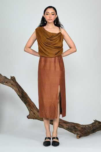 Buy The Dramebaaz CO Brown Silk Cowl Neck Burnt Gold Draped Top Online at Aza Fashions Buy_The Dramebaaz CO_Brown Silk Cowl Neck Burnt Gold Draped Top _Online_at_Aza_Fashions