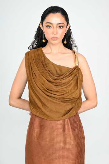 Shop The Dramebaaz CO Brown Silk Cowl Neck Burnt Gold Draped Top Online at Aza Fashions Shop_The Dramebaaz CO_Brown Silk Cowl Neck Burnt Gold Draped Top _Online_at_Aza_Fashions