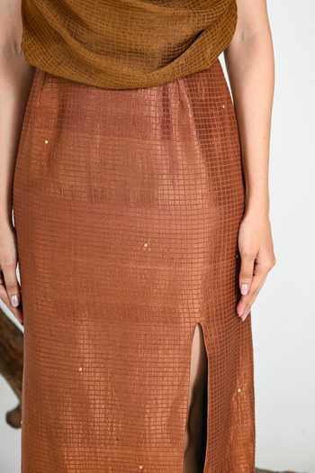 Shop The Dramebaaz CO Brown Silk Dust And Gold Side Slit Skirt Online at Aza Fashions Shop_The Dramebaaz CO_Brown Silk Dust And Gold Side Slit Skirt _Online_at_Aza_Fashions