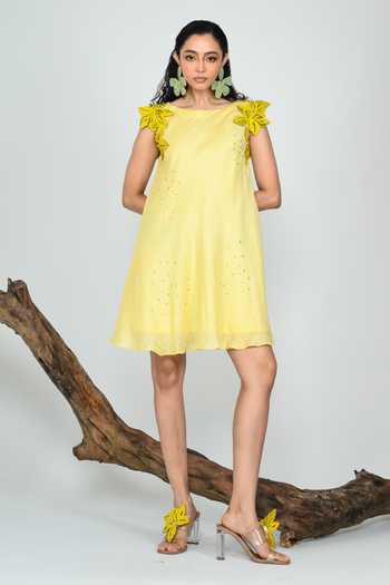 Shop The Dramebaaz CO Yellow Silk Boat Neck Morning Glory Bias Dress Online at Aza Fashions Shop_The Dramebaaz CO_Yellow Silk Boat Neck Morning Glory Bias Dress _Online_at_Aza_Fashions