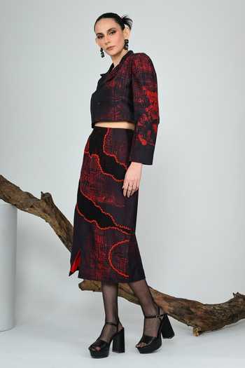 The Dramebaaz CO Black Silk Collared Neck Emberlines Cropped Jacket And Skirt Set Online at Aza Fashions The Dramebaaz CO_Black Silk Collared Neck Emberlines Cropped Jacket And Skirt Set _Online_at_Aza_Fashions