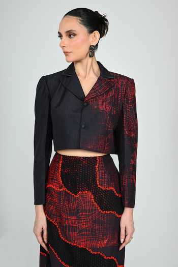 The Dramebaaz CO Black Silk Collared Neck Emberlines Cropped Jacket And Skirt Set at Aza Fashions The Dramebaaz CO_Black Silk Collared Neck Emberlines Cropped Jacket And Skirt Set _at_Aza_Fashions