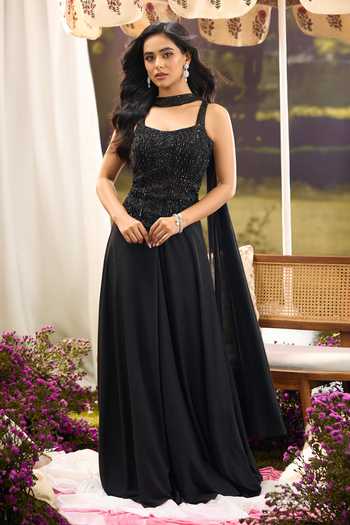 Buy Aariyana Couture Black Net Square Neck Embroidered Top Palazzo Set Buy_Aariyana Couture_Black Net Square Neck Embroidered Top Palazzo Set