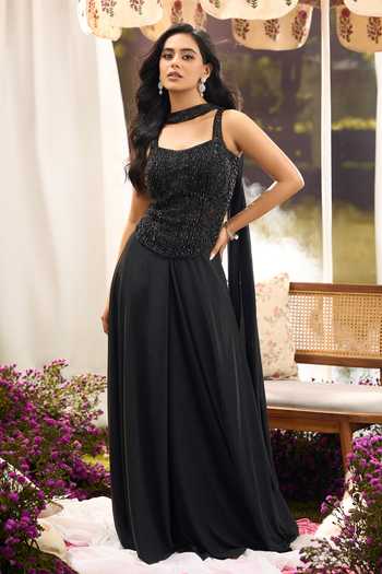 Shop Aariyana Couture Black Net Square Neck Embroidered Top Palazzo Set Shop_Aariyana Couture_Black Net Square Neck Embroidered Top Palazzo Set