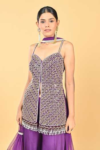 KEITH GOMES Purple Crepe, Chiffon, Net Tassels Sweetheart Neck Front Slit Kurta Set Online at Aza Fashions KEITH GOMES_Purple Crepe, Chiffon, Net Tassels Sweetheart Neck Front Slit Kurta Set _Online_at_Aza_Fashions