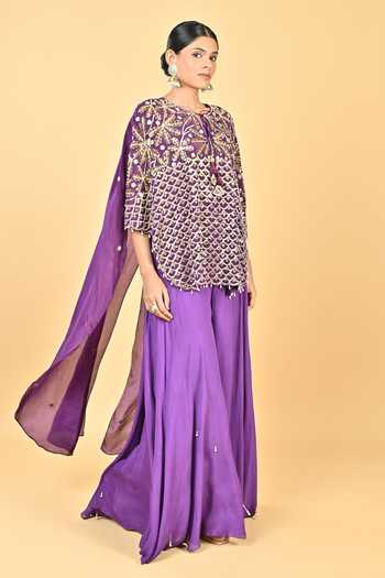 KEITH GOMES Purple Organza, Crepe, Chiffon, Lycra Tassels Embroidered Cape And Palazzo Set Online at Aza Fashions KEITH GOMES_Purple Organza, Crepe, Chiffon, Lycra Tassels Embroidered Cape And Palazzo Set _Online_at_Aza_Fashions