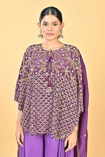 Buy KEITH GOMES Purple Organza, Crepe, Chiffon, Lycra Tassels Embroidered Cape And Palazzo Set Online at Aza Fashions Buy_KEITH GOMES_Purple Organza, Crepe, Chiffon, Lycra Tassels Embroidered Cape And Palazzo Set _Online_at_Aza_Fashions