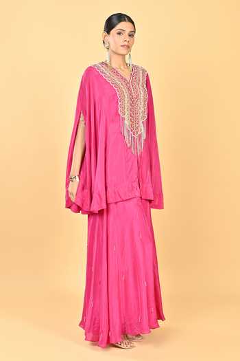 Shop KEITH GOMES Pink Silk Organza, Lycra Sequins V-neck Cape Set Online at Aza Fashions Shop_KEITH GOMES_Pink Silk Organza, Lycra Sequins V-neck Cape Set _Online_at_Aza_Fashions
