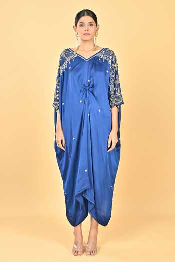 KEITH GOMES Navy Satin V-neck Hand Embroidery Flower Motif Kaftan Online at Aza Fashions KEITH GOMES_Navy Satin V-neck Hand Embroidery Flower Motif Kaftan _Online_at_Aza_Fashions