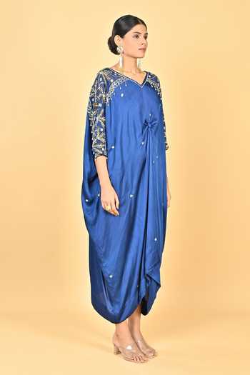 Buy KEITH GOMES Navy Satin V-neck Hand Embroidery Flower Motif Kaftan Online at Aza Fashions Buy_KEITH GOMES_Navy Satin V-neck Hand Embroidery Flower Motif Kaftan _Online_at_Aza_Fashions