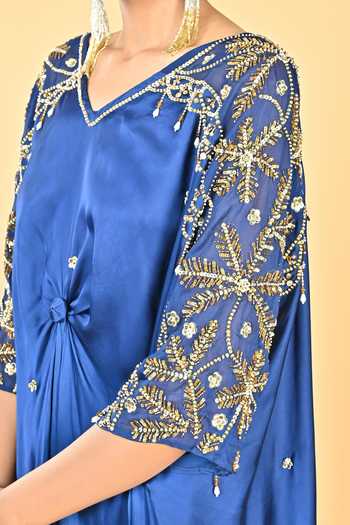 Shop KEITH GOMES Navy Satin V-neck Hand Embroidery Flower Motif Kaftan Online at Aza Fashions Shop_KEITH GOMES_Navy Satin V-neck Hand Embroidery Flower Motif Kaftan _Online_at_Aza_Fashions