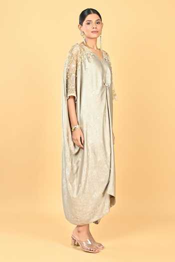KEITH GOMES Gold Crepe V-neck Embroidered Flower Motif Sequined Kaftan Online at Aza Fashions KEITH GOMES_Gold Crepe V-neck Embroidered Flower Motif Sequined Kaftan _Online_at_Aza_Fashions