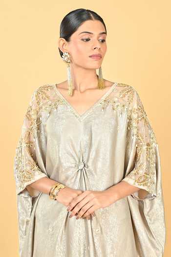 Buy KEITH GOMES Gold Crepe V-neck Embroidered Flower Motif Sequined Kaftan Online at Aza Fashions Buy_KEITH GOMES_Gold Crepe V-neck Embroidered Flower Motif Sequined Kaftan _Online_at_Aza_Fashions