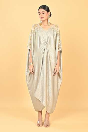 Shop KEITH GOMES Gold Crepe V-neck Embroidered Flower Motif Sequined Kaftan Online at Aza Fashions Shop_KEITH GOMES_Gold Crepe V-neck Embroidered Flower Motif Sequined Kaftan _Online_at_Aza_Fashions