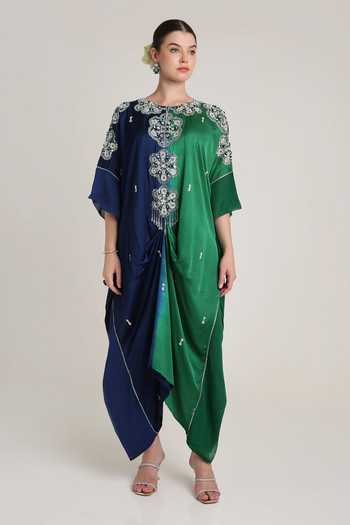 KEITH GOMES Green Georgette, Satin Round Neck Hand Embroidered Flower Motif Kaftan Online at Aza Fashions KEITH GOMES_Green Georgette, Satin Round Neck Hand Embroidered Flower Motif Kaftan _Online_at_Aza_Fashions