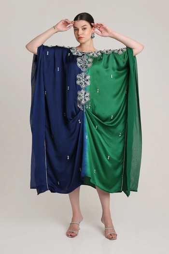 Buy KEITH GOMES Green Georgette, Satin Round Neck Hand Embroidered Flower Motif Kaftan Online at Aza Fashions Buy_KEITH GOMES_Green Georgette, Satin Round Neck Hand Embroidered Flower Motif Kaftan _Online_at_Aza_Fashions