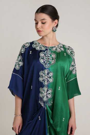 Shop KEITH GOMES Green Georgette, Satin Round Neck Hand Embroidered Flower Motif Kaftan Online at Aza Fashions Shop_KEITH GOMES_Green Georgette, Satin Round Neck Hand Embroidered Flower Motif Kaftan _Online_at_Aza_Fashions