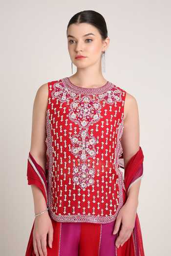 KEITH GOMES Pink Silk Organza, Lycra, Net Round Neck Embroidered Kurta And Palazzo Set Online at Aza Fashions KEITH GOMES_Pink Silk Organza, Lycra, Net Round Neck Embroidered Kurta And Palazzo Set _Online_at_Aza_Fashions