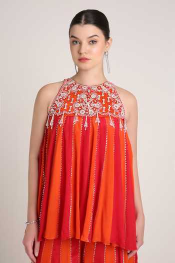 KEITH GOMES Red Crepe, Chiffon Embroidery, Sequins, Stones, Mirrors Tunic And Palazzo Set Online at Aza Fashions KEITH GOMES_Red Crepe, Chiffon Embroidery, Sequins, Stones, Mirrors Tunic And Palazzo Set _Online_at_Aza_Fashions