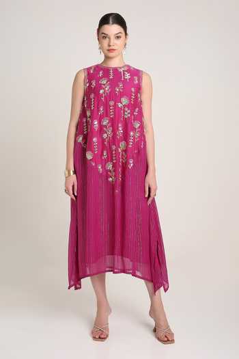 KEITH GOMES Silk Zari Embroidered Sequined Midi Dress 
