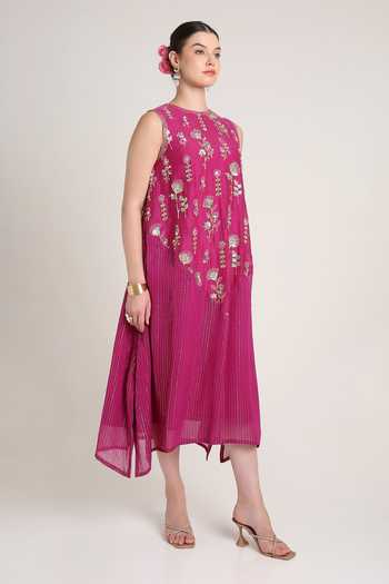 KEITH GOMES Pink Silk, Georgette Round Neck Zari Embroidered Sequined Midi Dress Online at Aza Fashions KEITH GOMES_Pink Silk, Georgette Round Neck Zari Embroidered Sequined Midi Dress _Online_at_Aza_Fashions