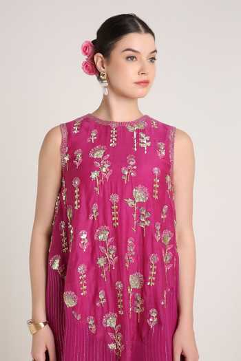 Shop KEITH GOMES Pink Silk, Georgette Round Neck Zari Embroidered Sequined Midi Dress Online at Aza Fashions Shop_KEITH GOMES_Pink Silk, Georgette Round Neck Zari Embroidered Sequined Midi Dress _Online_at_Aza_Fashions
