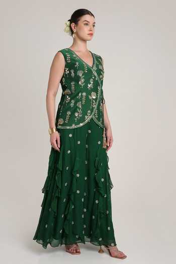 KEITH GOMES Green Silk, Georgette Embroidery, Sequins V-neck, Yes Floral Kurta And Palazzo Set Online at Aza Fashions KEITH GOMES_Green Silk, Georgette Embroidery, Sequins V-neck, Yes Floral Kurta And Palazzo Set _Online_at_Aza_Fashions