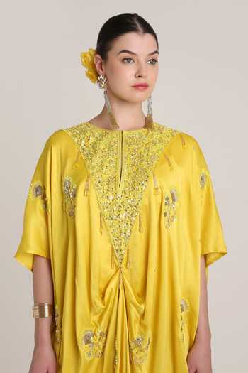KEITH GOMES Mustard Satin Round Neck Embroidered Kaftan Online at Aza Fashions KEITH GOMES_Mustard Satin Round Neck Embroidered Kaftan _Online_at_Aza_Fashions