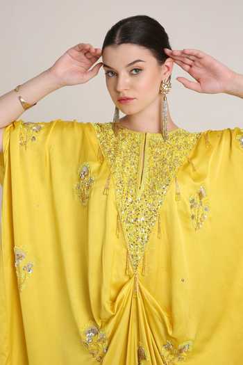 Buy KEITH GOMES Mustard Satin Round Neck Embroidered Kaftan Online at Aza Fashions Buy_KEITH GOMES_Mustard Satin Round Neck Embroidered Kaftan _Online_at_Aza_Fashions