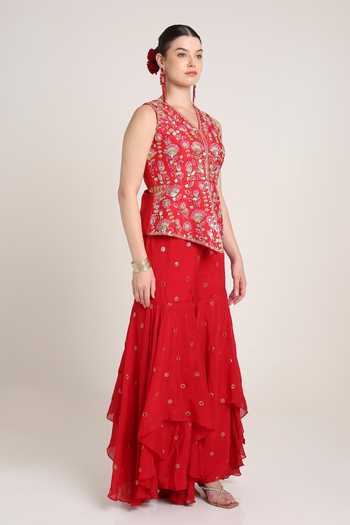 KEITH GOMES Red Silk, Georgette Embroidery V-neck Tunic And Palazzo Set Online at Aza Fashions KEITH GOMES_Red Silk, Georgette Embroidery V-neck Tunic And Palazzo Set _Online_at_Aza_Fashions