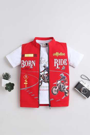 Mini Stitch Cotton Printed T Shirt & Jacket Set 