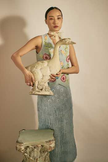 Shimona Blue Cotton, Modal V-neck Hand Embroidered Vest And Skirt Set Online at Aza Fashions Shimona_Blue Cotton, Modal V-neck Hand Embroidered Vest And Skirt Set _Online_at_Aza_Fashions