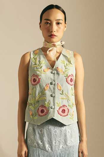 Buy Shimona Blue Cotton, Modal V-neck Hand Embroidered Vest And Skirt Set Online at Aza Fashions Buy_Shimona_Blue Cotton, Modal V-neck Hand Embroidered Vest And Skirt Set _Online_at_Aza_Fashions