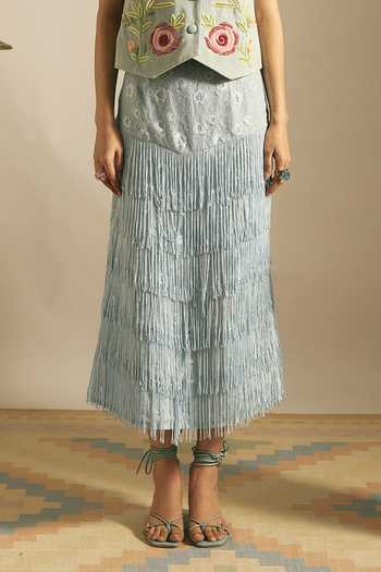Shop Shimona Blue Cotton, Modal V-neck Hand Embroidered Vest And Skirt Set Online at Aza Fashions Shop_Shimona_Blue Cotton, Modal V-neck Hand Embroidered Vest And Skirt Set _Online_at_Aza_Fashions