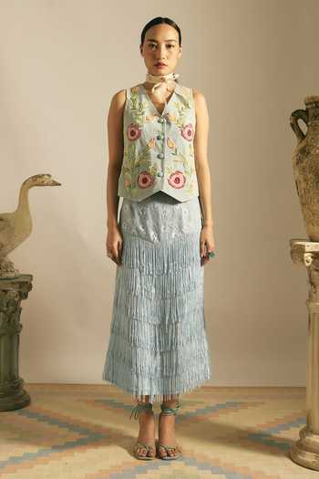 Shop Shimona Blue Cotton, Modal V-neck Hand Embroidered Vest And Skirt Set at Aza Fashions Shop_Shimona_Blue Cotton, Modal V-neck Hand Embroidered Vest And Skirt Set _at_Aza_Fashions