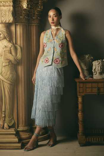 Buy Shimona Blue Cotton, Modal V-neck Hand Embroidered Vest And Skirt Set at Aza Fashions Buy_Shimona_Blue Cotton, Modal V-neck Hand Embroidered Vest And Skirt Set _at_Aza_Fashions