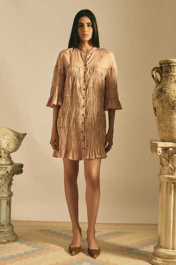 Shimona Beige Cotton, Linen Button-down Neck Pink Dress Online at Aza Fashions Shimona_Beige Cotton, Linen Button-down Neck Pink Dress _Online_at_Aza_Fashions