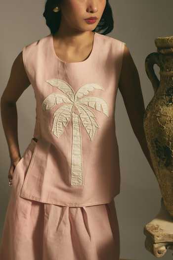 Shimona Pink Cotton Round Neck Palm Embroidered Top And Skirt Set Online at Aza Fashions Shimona_Pink Cotton Round Neck Palm Embroidered Top And Skirt Set _Online_at_Aza_Fashions